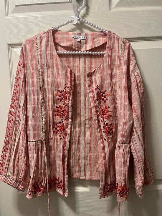 See And Be Seen Tops - Sea and Be Seen Pink Striped Embroidered Women’s Lightweight Tunic Size Large